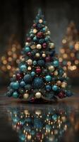Decorated Christmas tree with blue and gold ornaments in festive setting at night photo