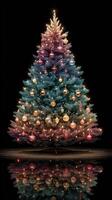 Decorative Christmas tree with colorful ornaments and lights reflecting on a surface photo