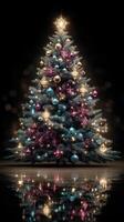 Colorful Christmas tree decorated with ornaments and lights reflecting on a surface in a dark setting photo
