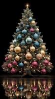 Elegant Christmas tree adorned with colorful ornaments and lights creating a festive atmosphere in a dark room photo