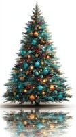 Decorated Christmas tree with teal and gold ornaments glowing softly in a cheerful holiday atmosphere photo