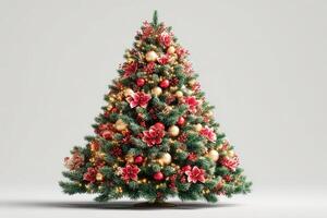 Decorative Christmas tree adorned with red flowers and golden ornaments creating a festive atmosphere for the holiday season photo