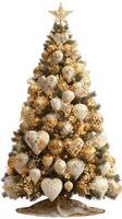 Elegant gold and white Christmas tree decorated with intricate ornaments and a star topper for festive celebrations photo