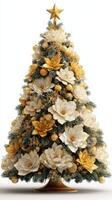 Decorative Christmas tree adorned with gold and white flowers and ornaments in a festive arrangement for holiday celebrations photo