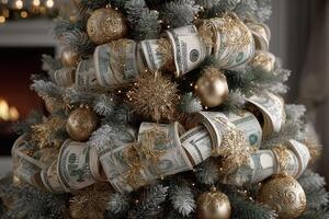 Intricate holiday tree adorned with dollar bills and golden ornaments showcased in a cozy festive setting photo