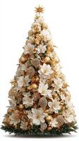 Elegant Christmas tree adorned with white flowers and gold ornaments standing tall in a festive setting photo