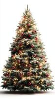 Beautifully decorated Christmas tree with red ornaments and glowing lights shining brightly photo