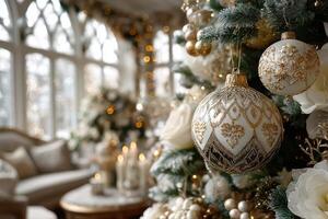 Holiday decorations with elegant ornaments and warm light in a cozy living room photo