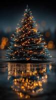 Festive Christmas tree adorned with glowing lights reflecting in the evening mist photo