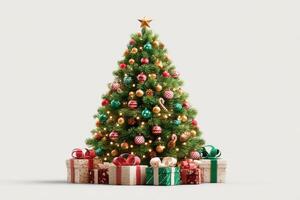 Beautifully decorated Christmas tree with gifts arranged underneath in a festive setting photo