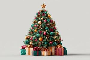 Colorful Christmas tree adorned with ornaments and wrapped gifts for holiday celebrations photo