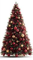 Holiday celebration features a beautifully decorated Christmas tree with red and gold ornaments in a festive setting photo