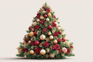 Beautifully decorated Christmas tree with red and gold ornaments, showcasing festive spirit during holiday season photo
