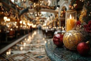 Holiday decorations featuring candles and ornaments create a festive atmosphere in a beautifully lit dining space photo