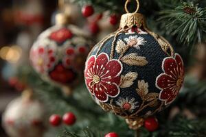 Decorative ornaments with floral embroidery hang on a Christmas tree, showcasing festive colors and intricate designs during the holiday season photo