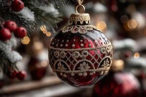 Beautifully crafted red and gold Christmas ornament hanging from a snow-dusted evergreen tree during the festive season photo