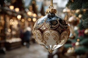 Elegant glass ornament hangs from a tree amidst festive decorations during a holiday market in a charming village square photo