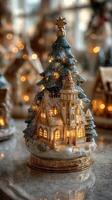 Ornate holiday village with illuminated houses and a decorated evergreen tree in soft golden light photo