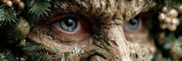 Man covered in greenery with detailed facial paint showcases artistry during summer festival in a vibrant outdoor environment photo