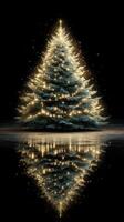 Elegant Christmas tree adorned with lights reflecting beautifully in the dark setting photo
