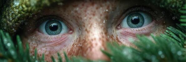 Close-up of a person hiding among greenery with intense blue eyes in a forest setting during daylight photo
