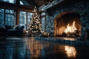 Warm and cozy winter evening by the fireplace with a decorated Christmas tree and soft lighting in a rustic cabin photo