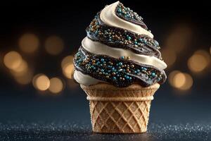 Delicious frozen treat served in a waffle cone with chocolate drizzle and colorful sprinkles photo