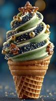 Delicious green and gold decorative ice cream cone topped with festive sprinkles photo