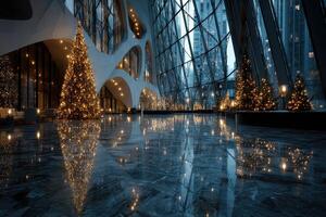 Elegant holiday lobby with glowing Christmas trees and modern architecture in the evening photo