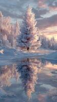 Snowy winter landscape with frosted trees reflecting in a calm river at sunset photo