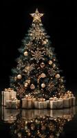 Elegant Christmas tree adorned with gold decorations and gifts in a festive setting during the holiday season photo