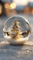 Beautiful glass snow globe with a frosted Christmas tree illuminated with lights capturing the essence of winter festivities photo