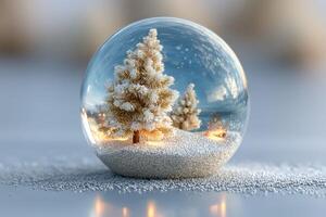 Winter wonderland scene captured inside a glass snow globe with evergreen trees and shimmering snow photo