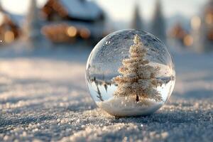 Snow globe with a frosted tree and winter landscape creating a cozy holiday atmosphere in a serene setting photo