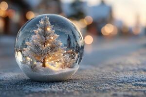 Winter wonderland captured in a snow globe with a glowing Christmas tree and soft bokeh background photo