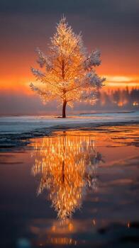 Beautiful frosted tree illuminated by sunset and reflected in calm water at dusk photo