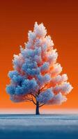 Stunning frosted tree against vibrant orange sunset in a winter landscape photo