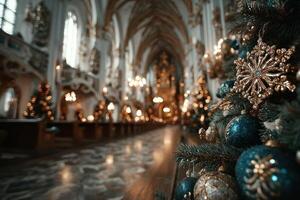 Christmas decorations in a grand cathedral with glowing lights and ornaments, creating a festive atmosphere during the holiday season photo