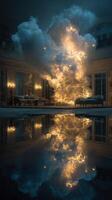 Illuminated cloud formation reflects in tranquil setting during evening hours photo
