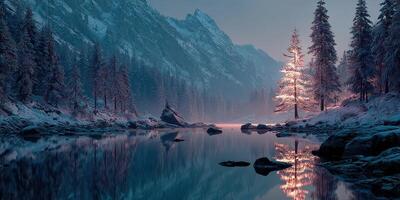 Snowy mountain landscape at dawn with a glowing tree and calm river reflecting a serene winter atmosphere photo