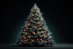 Christmas tree adorned with twinkling lights in a dark setting creating a festive atmosphere photo