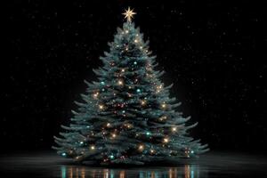Christmas tree adorned with colorful lights and star standing against a dark background photo