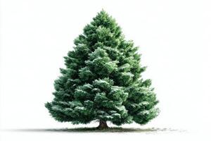 Evergreen tree standing alone in a snowy landscape during wintertime with a clear white background photo