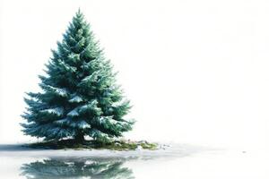 Snowy evergreen tree stands alone beside a frozen lake in winter landscape surrounded by bright white snow photo