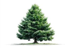 Tall evergreen tree stands alone against a bright white background in a serene display of nature's beauty and simplicity photo