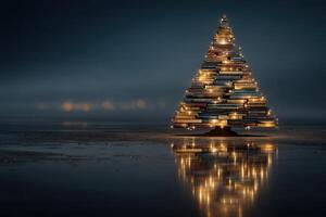 Unique Christmas tree made of stacked books illuminated with warm lights in a serene night setting photo