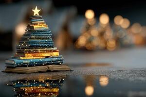 Creative arrangement of books resembling a Christmas tree with soft bokeh lights in a cozy setting during the holiday season photo
