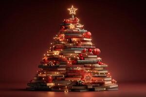 Creative holiday decor featuring stacked books arranged as a Christmas tree with lights and ornaments photo