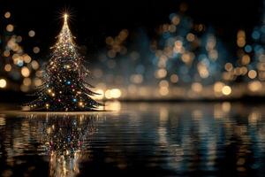 Decorative Christmas tree reflecting in water with sparkling lights during a festive evening photo