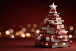 Creative book-shaped Christmas tree decorated with lights and ornaments for a festive atmosphere photo